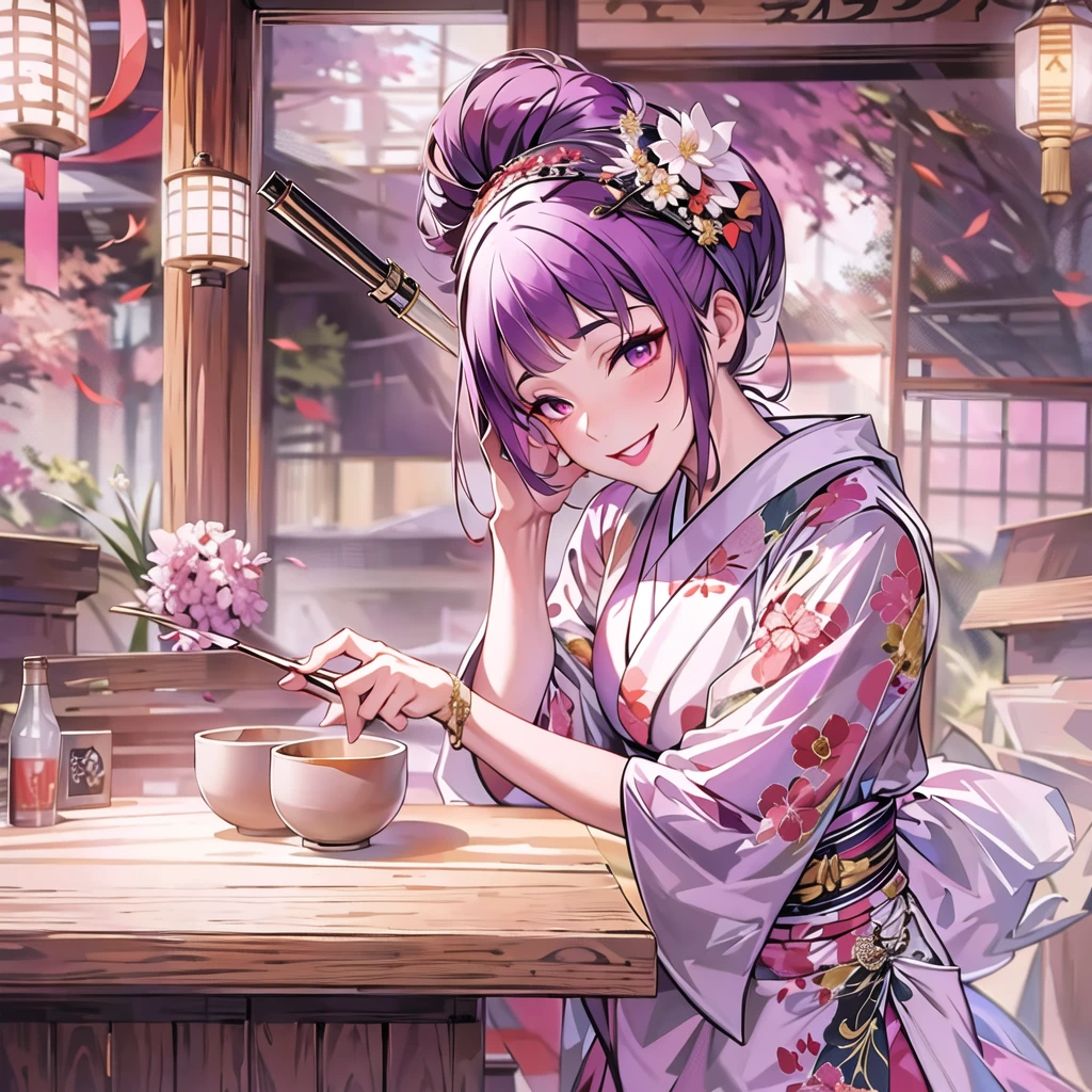 (masterpiece:1.2, Highest quality:1.2, Attention to detail), One 40-year-old woman, kimono, apron, White hood on head, A small wooden restaurant, Pick up a small plate, Smiling, lipstick, Hair tied up, Soft lighting, Highly detailed face, Perfect Anatomy