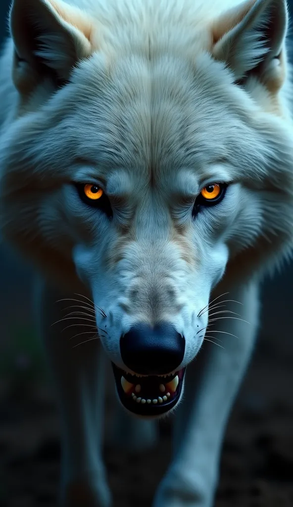 White wolf, realistic, super close up, night, dark, scary