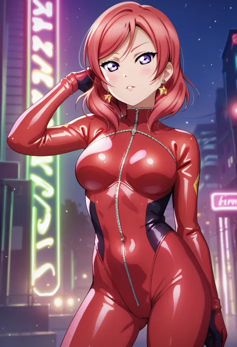 masterpiece, best quality, nishikino maki love live,red hair, medium hair, purple eyes , standing, red neon bodysuit, front view...