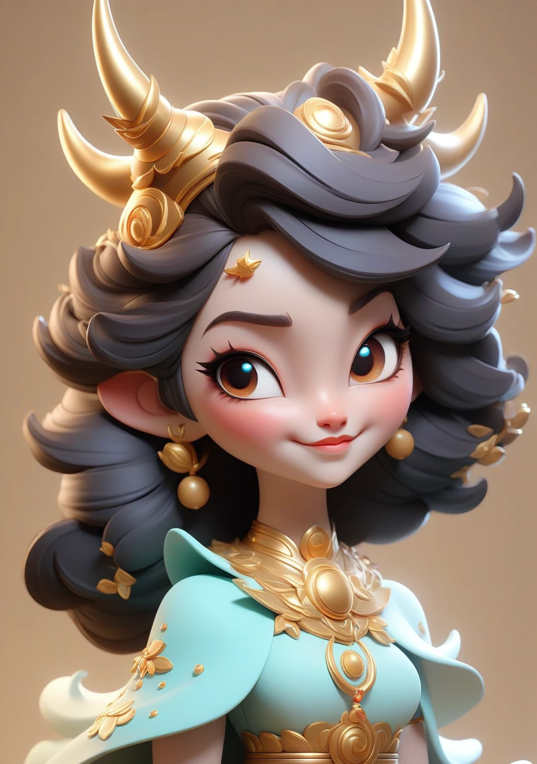 IP cartoon characters，Lovely，3D figures，big round face，Stereoscopic light and shadow，Half side，There is dynamics，Wearing a Taurus headdress，Bright picture，Exquisite，Realism，HD Photography，There is light and shadow，OC rendering style。Happy expression。