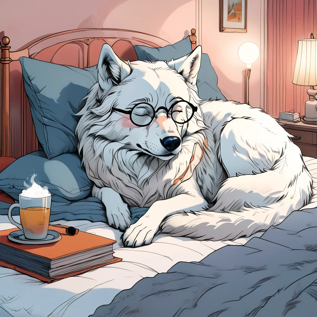 a white wolf sleeping in bed wearing a nightgown, nightcap and round glasses, extremely detailed, lifelike, photorealistic, high definition, 8k, hyperrealistic, cinematic lighting, soft bedding, cozy bedroom interior, warm color tones, plush fur, realistic textures, whimsical, magical realism, surreal