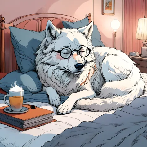 a white wolf sleeping in bed wearing a nightgown, nightcap and round glasses, extremely detailed, lifelike, photorealistic, high...