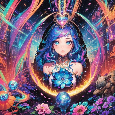 a beautiful woman in an abstract, psychedelic space world, surrounded by various creatures, with a heart-shaped gem and diamond ...