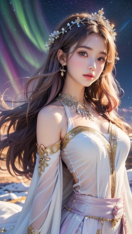 (((Highest quality))), ((masterpiece)), (detailed), ((solo)), (((Young girl))), ((Mysterious white costume with many large ornaments)), Long robe hair ornament on head, Fantastic and beautiful colors, Cinematic, Long hair fluttering in the wind, mini skirt, Mysterious Space, Starry Sky, Aurora, Purple Sky, White skin, Calm expression, Light, Pink Hair, 