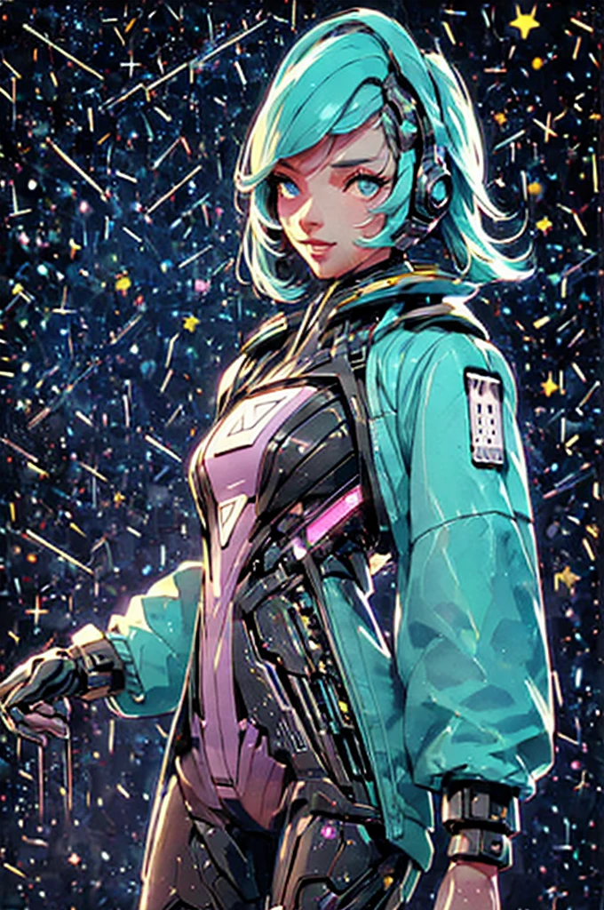 A woman in a purple jacket and black boots holding a gun Starry sky and zodiac constellations, The purple hue is like a nebula, Vast space, Cyber punk perssonage bottom city, illustratio, (1 lady:1), ( Background with:black and yellow Background with1.4), (symmetry:1.2), (artistic décor:1.4), (Retro-Future:1.4), (Minimalist:1.4), (Clean:1.4), (Flat_colours:1.4), (cyber punk perssonage,android:1.4), A freckles, cyber girl, pretty face, sparkling simple make up, hippie clothes, sparkling pictures, high quality pictures