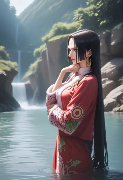 boa hancock standing in a river, sunlight rouching it and everything is reflecting a very mind blowing ultra realistic picture o...