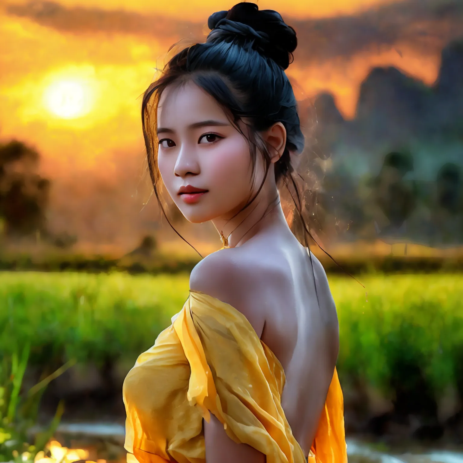 raw, best quality, high resolution, masterpiece: 1.3), beautiful khmer-chinese woman, masterpiece, sun set, simple body, normal ...