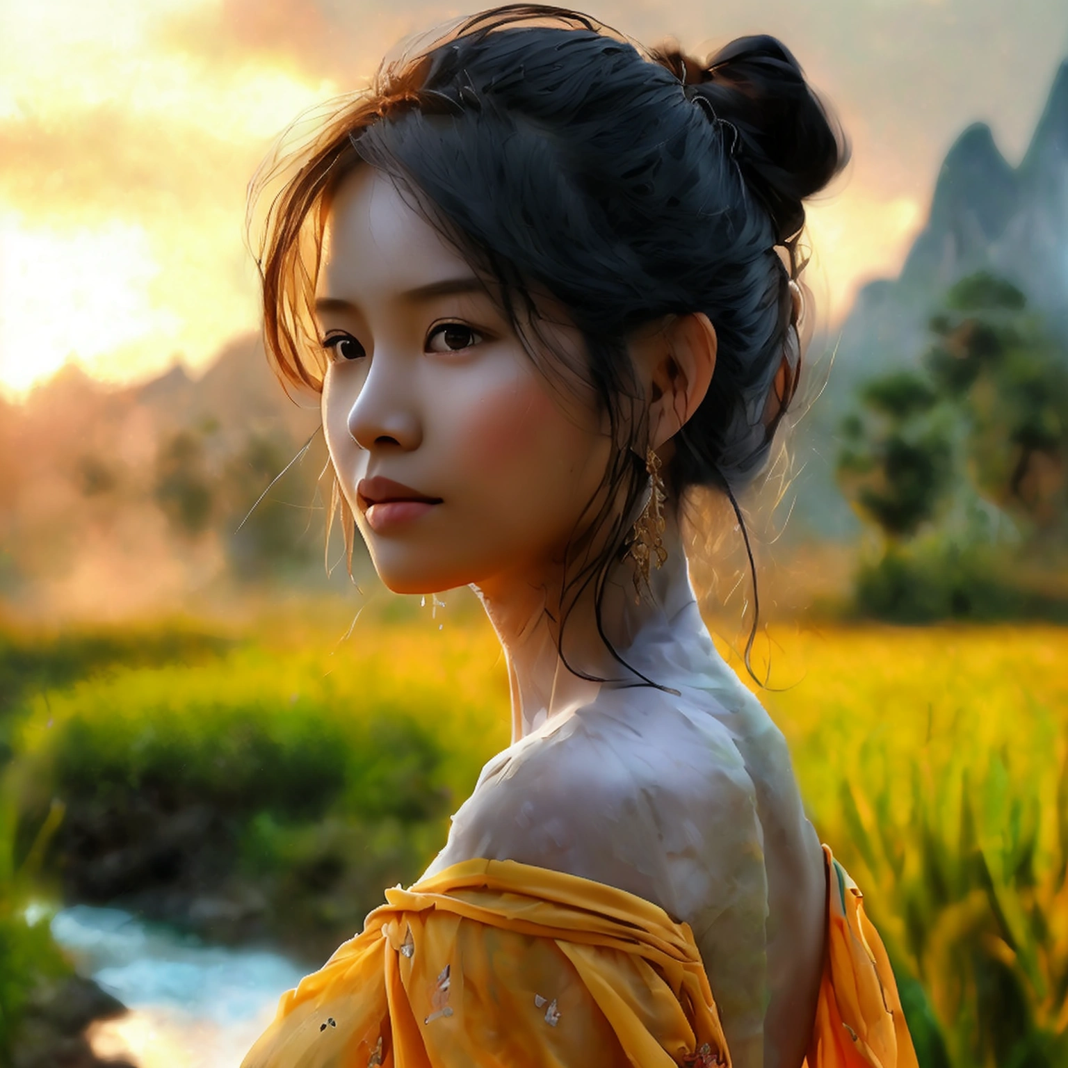 RAW, Best quality, high resolution, masterpiece: 1.3), beautiful Khmer-Chinese woman, Masterpiece, sun set, simple body, normal clothes, black chignon hair, open stand, realistic, dark hair, Soft smile, thick thighs, she is about 20 years old, pale white skin, wearing a simple Khmer yellow t-shirt and jean dress, ((whole body)) turning side facial at viewer, closeup, small mountains, misty, woman standing beside small river and rice field,
