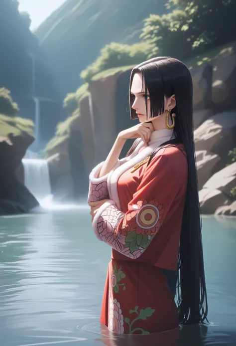 boa hancock standing in a river, sunlight rouching it and everything is reflecting a very mind blowing ultra realistic picture o...