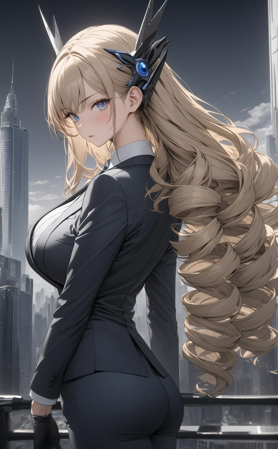 ((masterpiece)), ((high quality)),((ultra-detailed)), ((extremely detailed)),4K,8K, (character portrait), wearing blue pants suit, in business suits, navy collared shirt, a beautiful woman, very tall woman with great style, tight suit, big breasts, slender body, 1girl, solo, purple pupils, perfect hands, perfect face, perfect eyes, perfect body, perfect legs, serious, city background, ,Masterpiece, best quality, ,suit, pants, pencil drawning, color accents, color highlights, (grayscale:1.3),blonde hair, long hair, drill hair, hair ornament, headgear, blue eyes, white shirt, gloves, armored pumps, back view, ((cowboy shot))