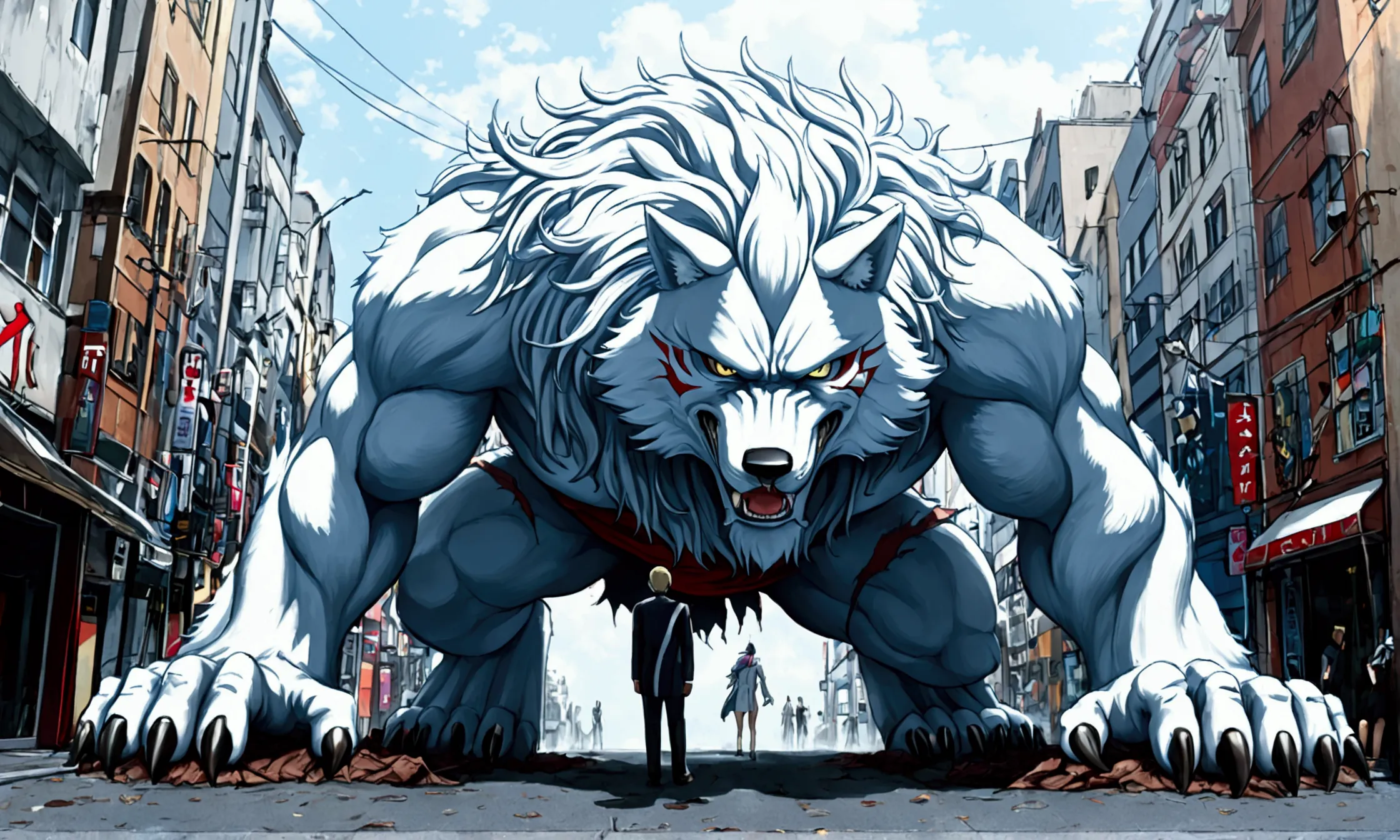 a (giant, white wolf monster) snarls at a gundam, they are the same height, damaged streets of neo tokyo