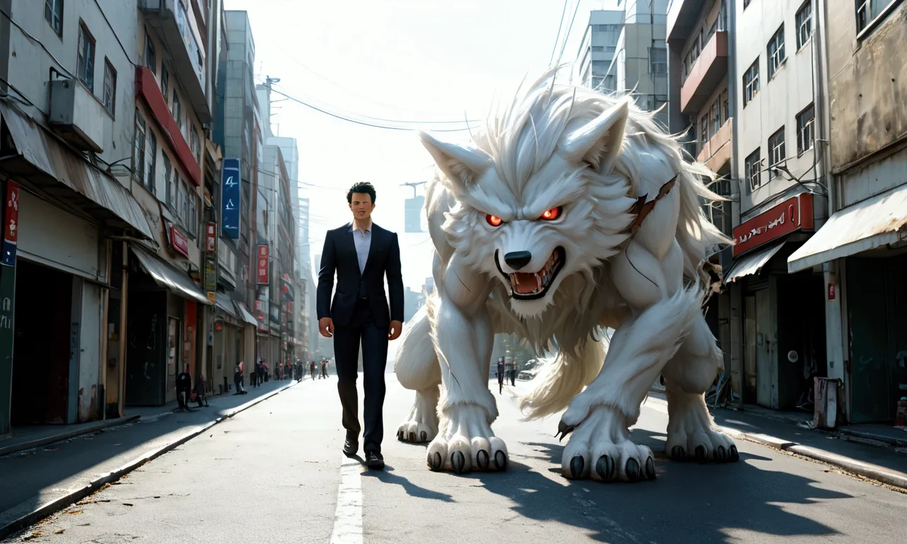 a (giant, white wolf monster) snarls at a gundam, they are the same height, damaged streets of neo tokyo