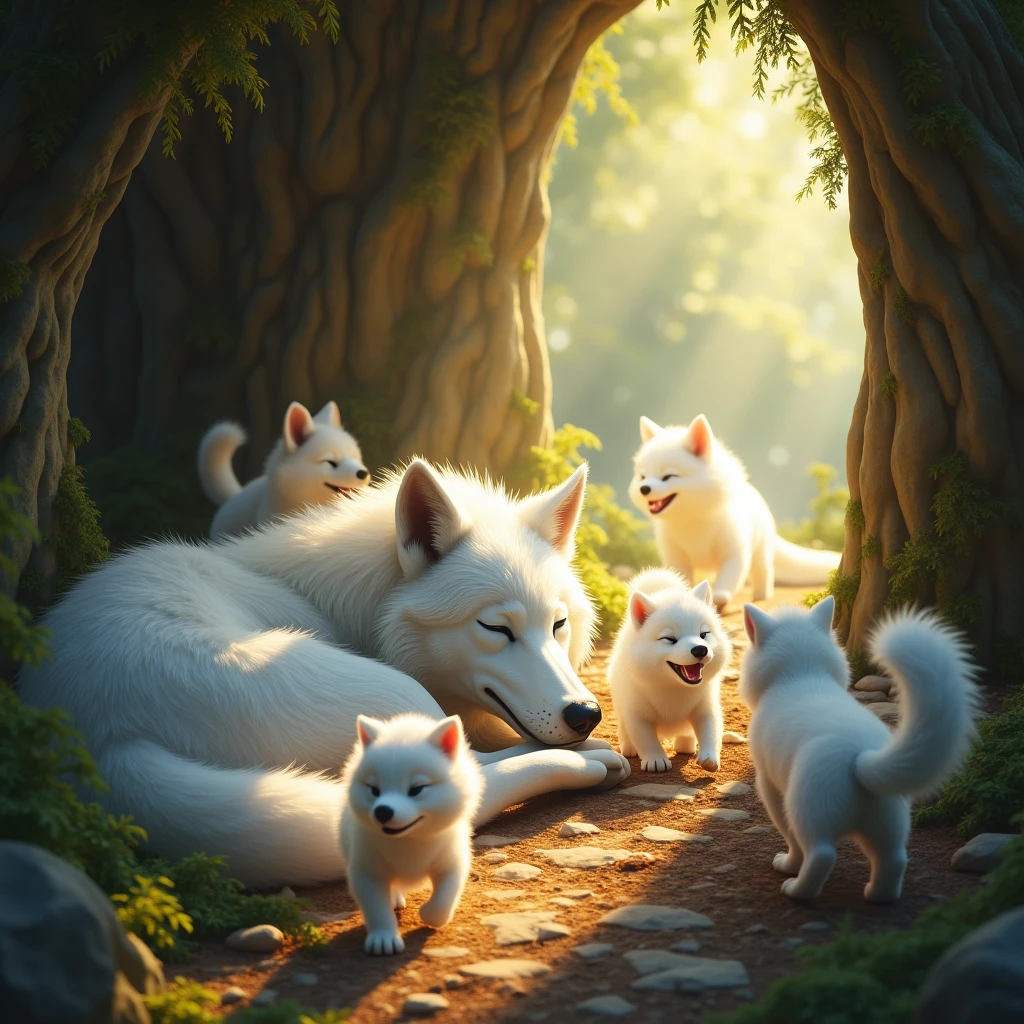 White Wolf is sleeping, little white wolves are playing around her, 