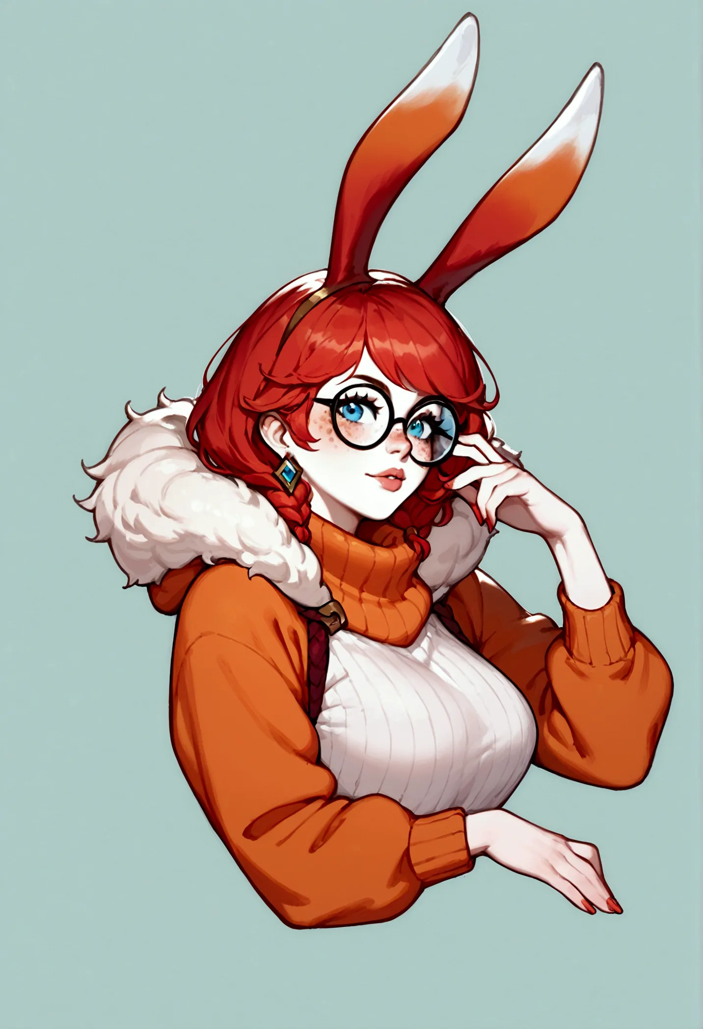 score_9, score_8_up, score_7_up, aurora (league of legends), 1 girl, red hair, blue eyes, bunny ears, round glasses, freckles, s...