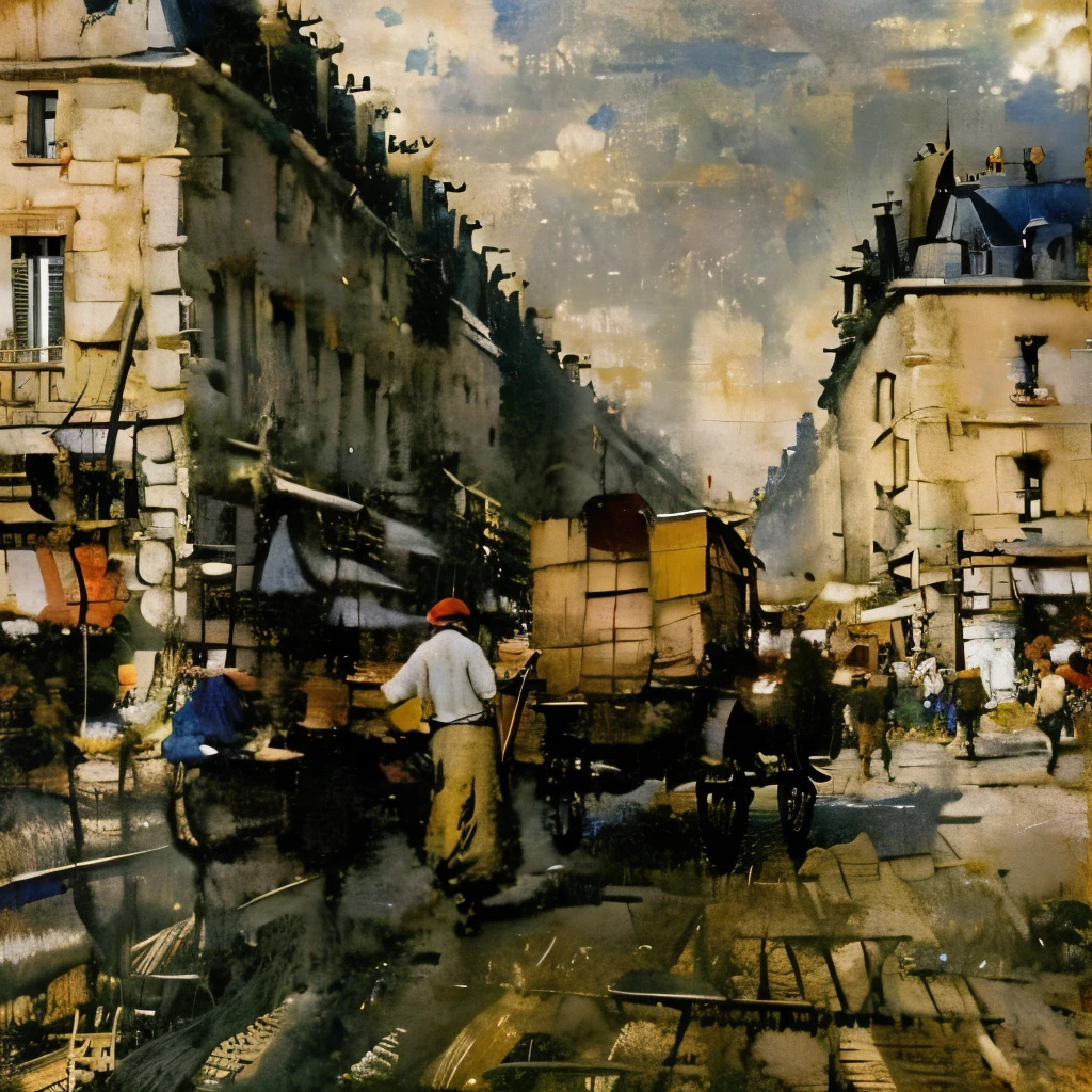 Paris around 1900、A wagon parked in the street、Merchant unloading cargo、