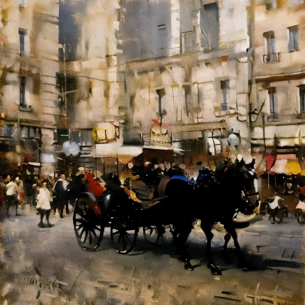 Paris around 1900、Horse-drawn carriage parked on the street、A driver in the carriage、Men and women getting on、