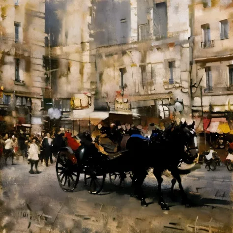 paris around 1900、horse-drawn carriage parked on the street、a driver in the carriage、men and women getting on、