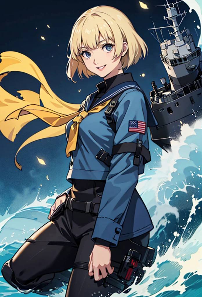 {{masterpiece, Highest quality, Extremely detailed CG, unity 8k wallpaper, Cinema Lighting, }}, Sony a7, Wide Frame, South Pacific, During the war with Asian countries, Winds blowing on the Aegis ship, 1 person, whole body, smile, She is a US Navy sailor.., white, 20-year-old, smile, blonde, Short Bob, blue eyes , Long eyelashes ,KanColle characters