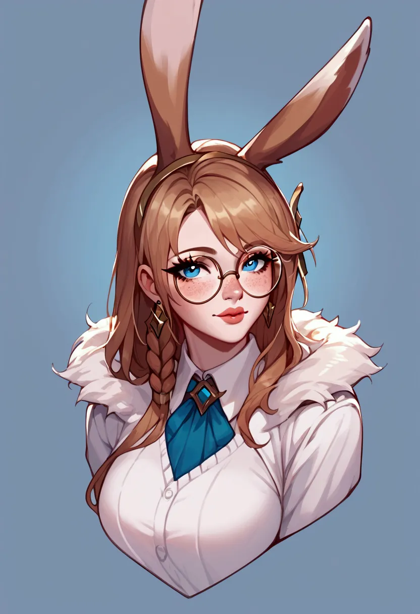 score_9, score_8_up, score_7_up, aurora (league of legends), 1 girl, round glasses, bunny ears, blue eyes, freckles, dressed as ...