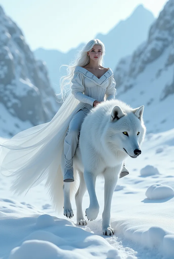 ((masterpiece, Highest quality, Best image quality, High resolution, Realistic, RAW Photos, 8k, Highly detailed CG synthesis 8k wallpaper)), (Huge and stunning goddess shot, Very hot and sexy, Incredible beauty, Perfect Proportions, Perfect hands, Perfect Fingers, Perfect Anatomy, Beautiful body, Slim body beauty:1.4), white wolf, An ice princess riding on the back of a white wolf through the snowy mountains,