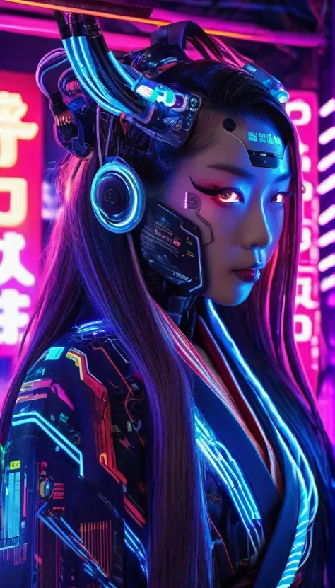 high technology, futuristic, cyborg girl, (photorealistic:1.4), long hair made of cables, robotic, lots of computer cables in th...