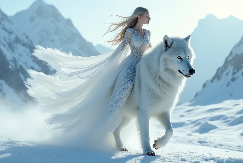 ((masterpiece, Highest quality, Best image quality, High resolution, Realistic, RAW Photos, 8k, Highly detailed CG synthesis 8k wallpaper)), (Huge and stunning goddess shot, Very hot and sexy, Incredible beauty, Perfect Proportions, Perfect hands, Perfect Fingers, Perfect Anatomy, Beautiful body, Slim body beauty:1.4), white wolf, An ice princess riding the snowy mountains on the back of a white wolf, her long, transparent lace dress fluttering in the wind,