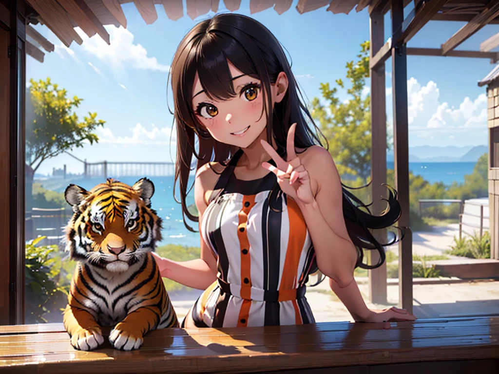 high quality, 8k. masterpiece, high quality, high quality, 8k. masterpiece, high quality, High resolution,((In front of the tiger and zebra cage in the zoo))、 beautiful elf girl Very thin. very cute, smile. (((vertical stripes dress))), She is posing with her fingers making a peace sign front of tiger and zebra.
