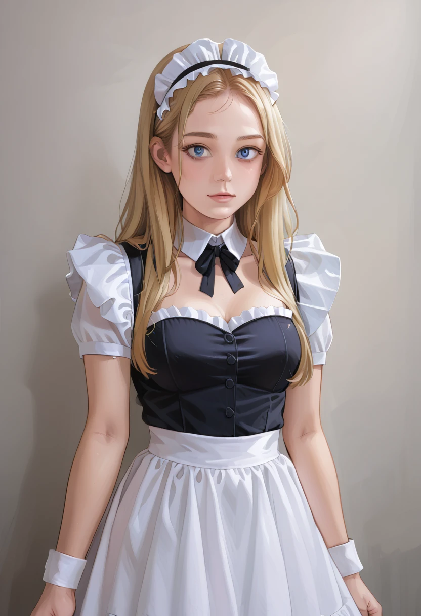 ((work of art)), ((best qualityer)), ((high resolution)), ((detailed back ground)), ((Extremely detailed CG 8k unity wallpaper)), standing alone, Shiona, hair blonde, long hair, blue colored eyes, tuft of hair, cowboy shot, plein-air, ((maid outfit))