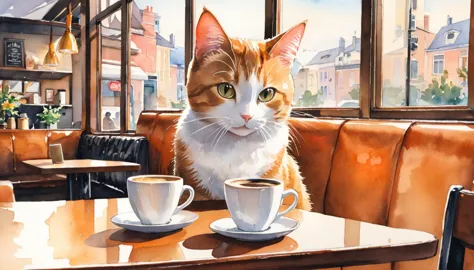 cute cat drinking coffee in a coffee shop. watercolor painting.