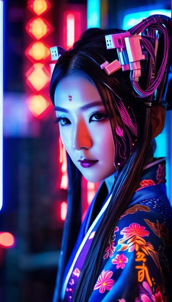 High technology, futuristic, cyborg girl, (photorealistic:1.4), long hair made of cables, robotic, lots of computer cables in the bacground, ultra high res, uhd, 8k, neon lights, japanese culture, kimono, jspanese demon