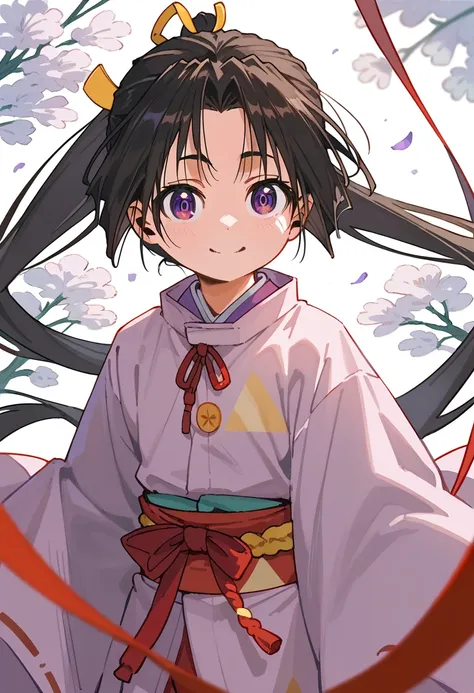 anime,cute,small,tokiyuki,one person,alone, purple_eye, black_hair, kimono, red_ribbon,red面,smile,white_kimono