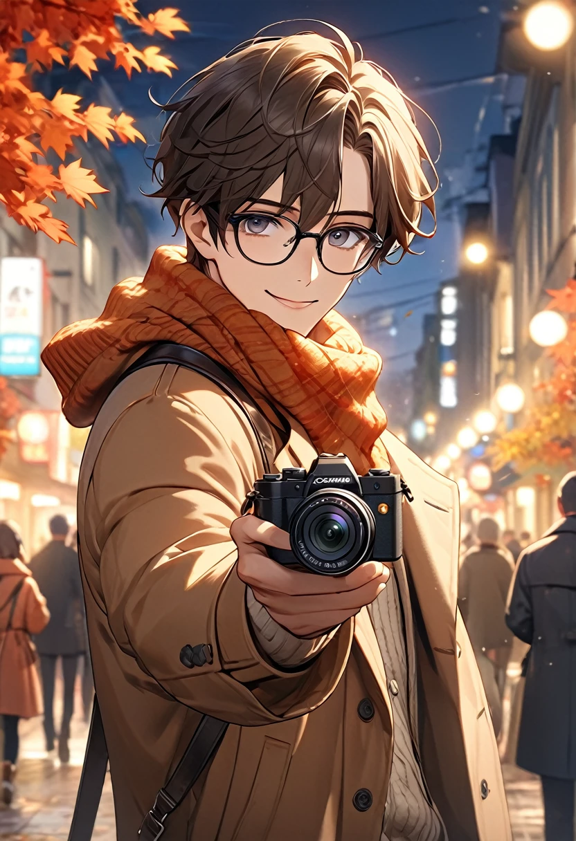 masterpiece, Attention to detail, High resolution, RTTX 10.0, 8k, high quality, season　autumnの、Staring at the audience、Official Art、Cute anime style、1 male、alone、Glasses、smile、focus、Have a camera、Camera in hand、Taking a photo、Fashionable clothes、autumn、autumn leaves、warm