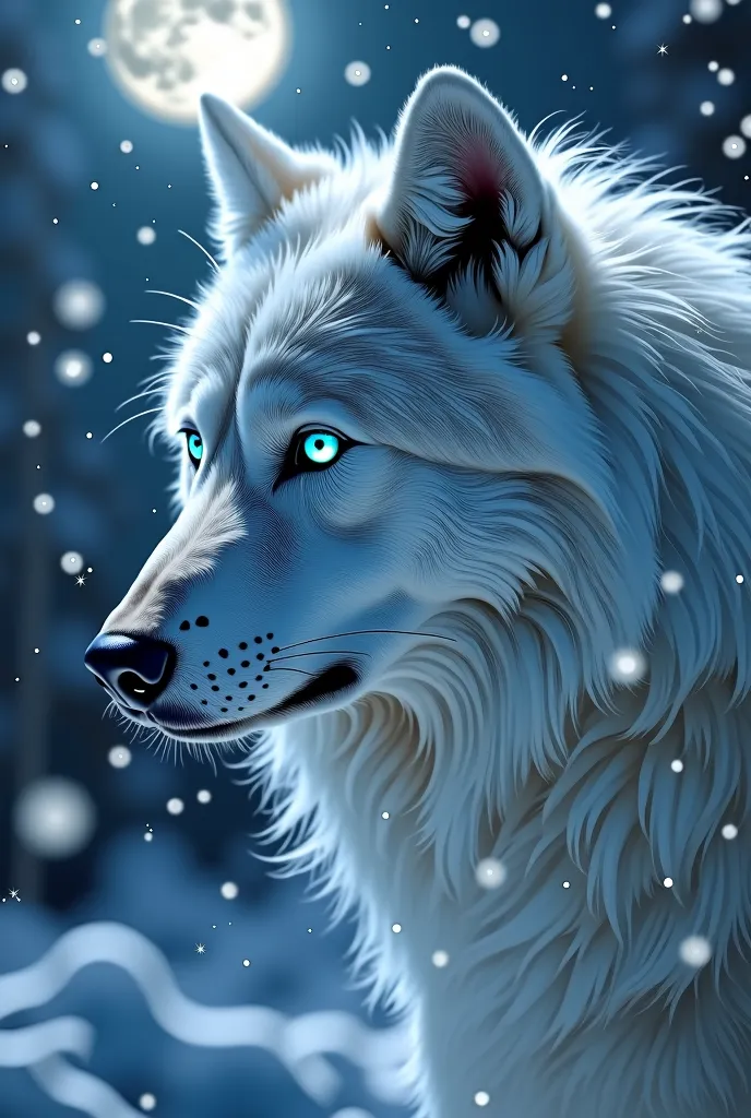 headshot photography of a celestial white wolf from side in the snow fall, head focus, he has glowing blue eyes, set at night, detailed fur, detailed eyes, dramatic lighting