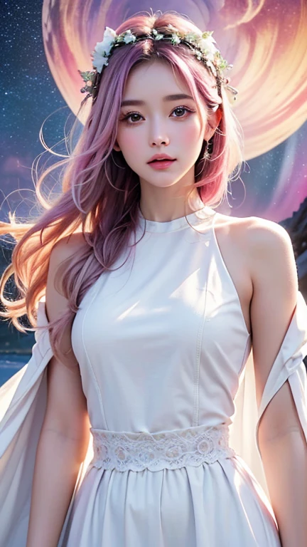 (((Highest quality))), ((masterpiece)), (detailed), ((solo)), ((Young girl)), ((A beautiful white outfit with lots of decorations)), Long robe hair ornament on head, Fantastic and beautiful colors, Cinematic, Long hair fluttering in the wind, fluttering skirt, Mysterious Space, Pink Hair, Starry Sky, Purple Sky, Aurora, White skin, Calm expression, Hair on the face, 