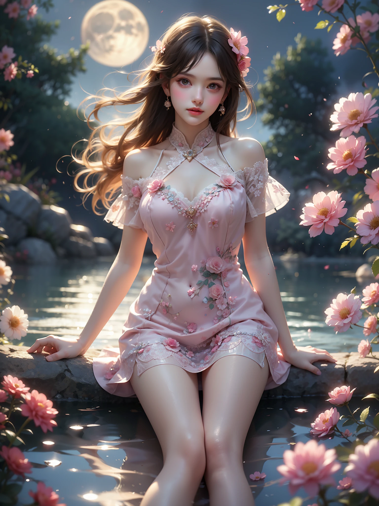 tutututu
see-through
cheongsam (High quality details), 1 Girl, solo, Young women, Elegant Posture, ((night, moonlight)), (Female figure，Lie flat in the water，Relaxed expression), (Focus on natural body posture and correct anatomy:1.3), (Perfect leg proportions:1.3)，(True and accurate leg shape:1.2), ((Natural leg position)), The skirt is very short, One hand stroked the hem of the skirt, Lift the hem of the skirt, Bare shoulders, Natural posture, Soft expression, Exquisite makeup, Soft blush, Bright Eyes, Soft lips, Flower fairy style, ((Anatomically accurate)), (Real natural legs), Smooth skin, Soft lighting, high resolution, 8K Ultra HD, Clear focus, Professional photography effects, Random elegant scenes, Multi-angle shooting