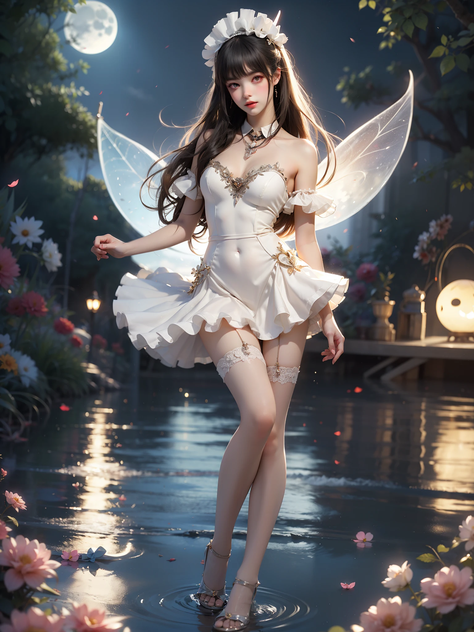 black thighhighs,dress,hitman,maid,maid headdress,thighhighs, (High quality details), 1 Girl, solo, Young women, Elegant Posture, ((night, moonlight)), (Female figure，Lie flat in the water，Relaxed expression), (Focus on natural body posture and correct anatomy:1.3), (Perfect leg proportions:1.3)，(True and accurate leg shape:1.2), ((Natural leg position)), The skirt is very short, One hand stroked the hem of the skirt, Lift the hem of the skirt, Bare shoulders, Natural posture, Soft expression, Exquisite makeup, Soft blush, Bright Eyes, Soft lips, Flower fairy style, ((Anatomically accurate)), (Real natural legs), Smooth skin, Soft lighting, high resolution, 8K Ultra HD, Clear focus, Professional photography effects, Random elegant scenes, Multi-angle shooting