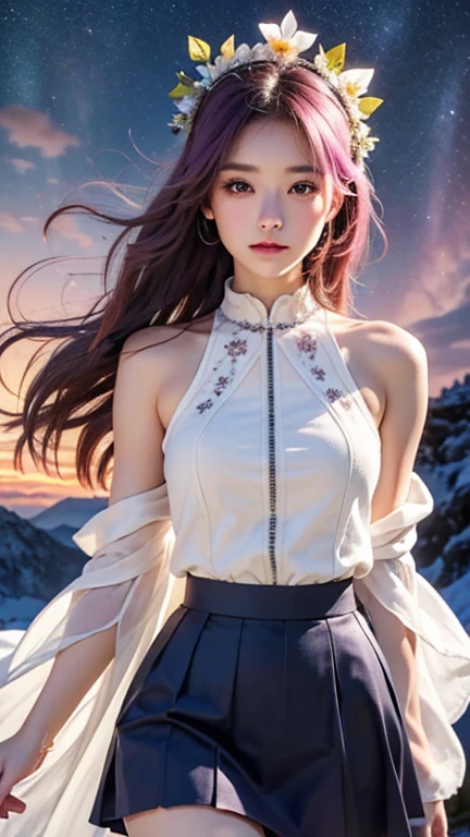 (((Highest quality))), ((masterpiece)), (detailed), ((solo)), ((Young girl)), ((A beautiful white outfit with lots of decorations)), Long robe hair ornament on head, Fantastic and beautiful colors, Cinematic, Long hair fluttering in the wind, (Fluttering navy blue skirt), Mysterious Space, Pink Hair, Starry Sky, Purple Sky, Aurora, White skin, Calm expression, Hair on the face, Beautiful thighs, Mysterious Light, 