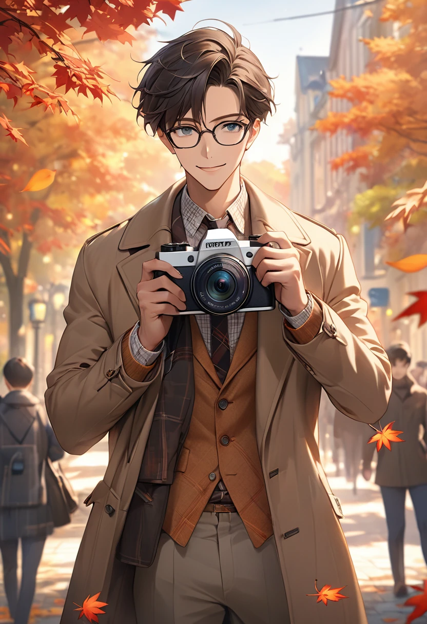 masterpiece, Attention to detail, High resolution, RTTX 10.0, 8k, high quality, season　autumnの、Staring at the audience、Official Art、Cute anime style、1 male、alone、Glasses、smile、focus、Have a camera、Camera in hand、Taking a photo、Fashionable clothes、autumn、autumn leaves、warm