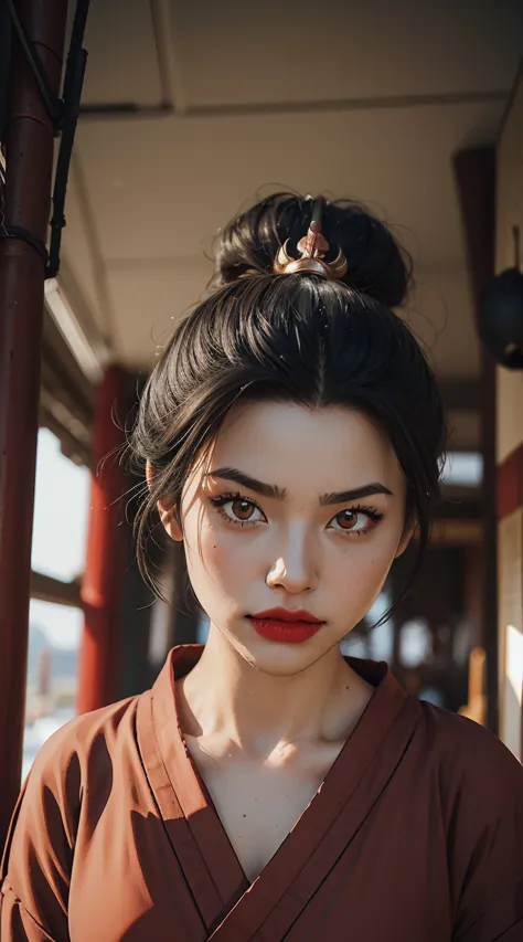 azula, 1girl, solo, black hair, brown eyes, makeup, lipstick, red lips, single tuft of hair, navel, side strands, hair decoratio...