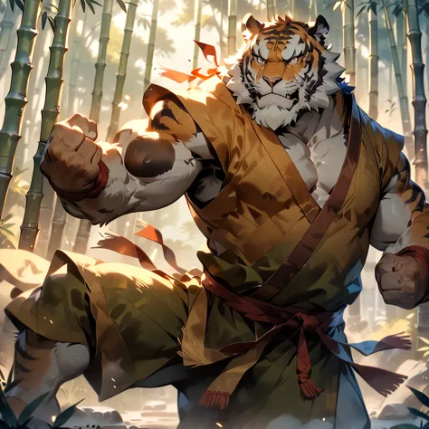 masterpiece, best quality, very aesthetic, absurdres, from side, looking away, monk, plump middle-aged tiger man, fluffy body, b...