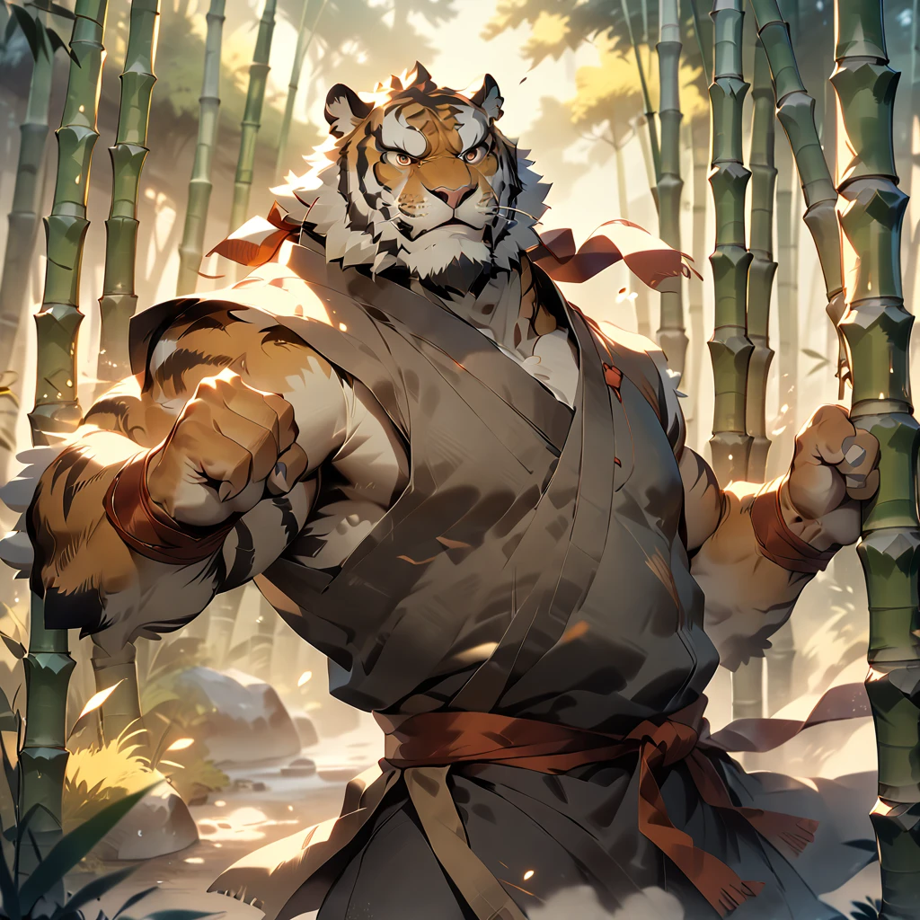 masterpiece, best quality, very aesthetic, absurdres, from side, looking away, monk, plump middle-aged tiger man, fluffy body, brown eyes, beautiful beard, male face, big face, square jawline, male eyes, sharp eyes, big eyes, male eyebrows, innocent look, fighting pose, standing, rotating the body, executing a high kick, dynamic pose, BREAK morning, bamboo forest, outdoor,