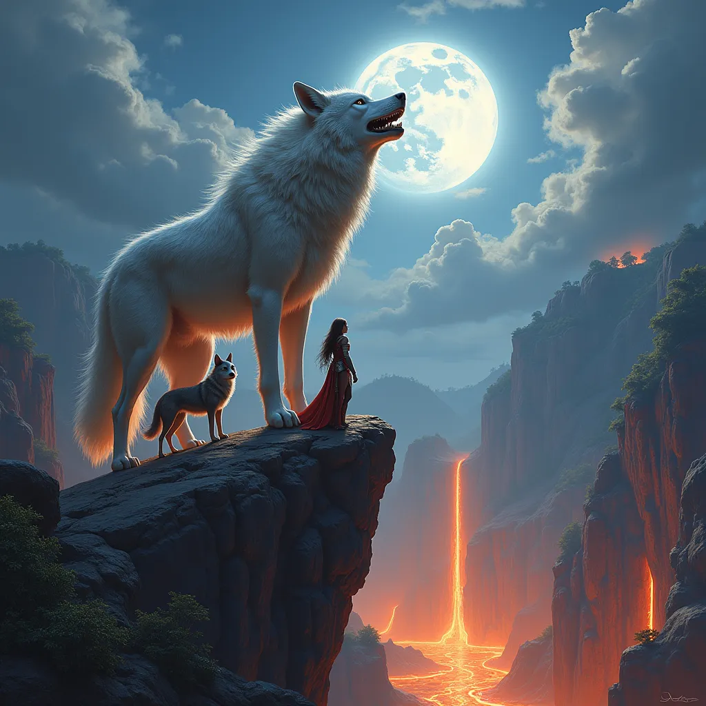 Ledge on the Rock Huge World Lava Below, Fenrir the Wolf Huge Stands Mane White Gray with Shimmers, A huge grin of teeth howls at the moon, A Girl in Armor Stands Nearby Stroking a Wolf, Painting Epic, Epic image, Very beautiful, Everything is very detailed, bright colors, forests, Some Magic Is Happening in Heaven, Everything is very colorful, Like in a Movie,