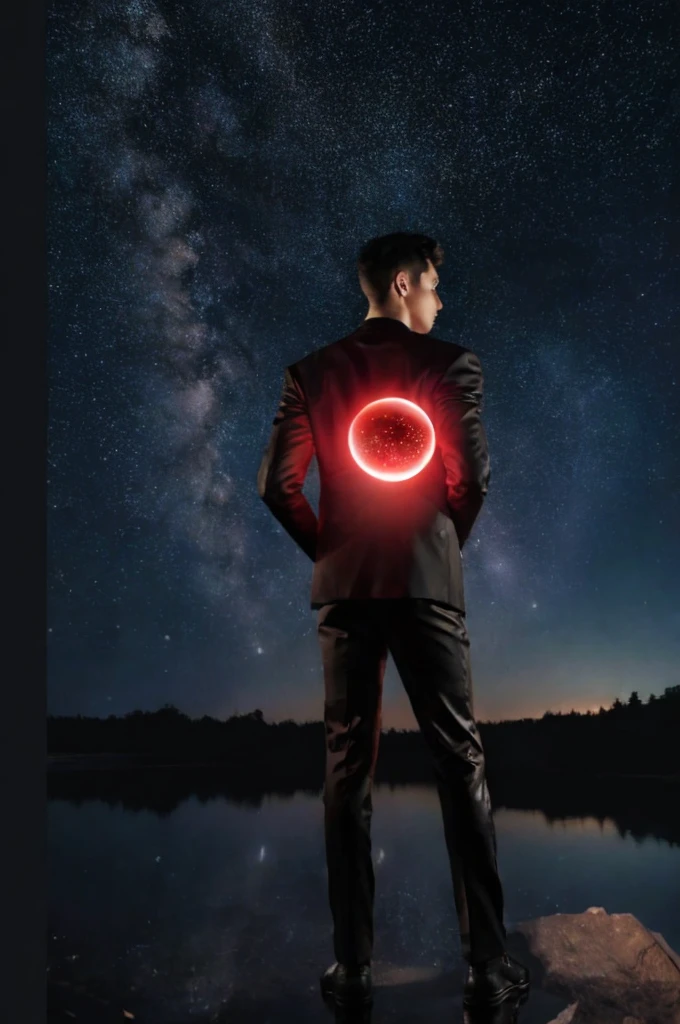 A Power Ranger in a red and black suit, standing and holding a glowing orb with both hands, with a posture that expresses sadness, head tilted slightly downward. Above him, an angel man with glowing white wings hugs him from behind, conveying comfort. The night sky in the background is full of bright stars and visible constellations, adding a mystical and heavenly touch to the scene." , only male , only men , gay , nsfw
