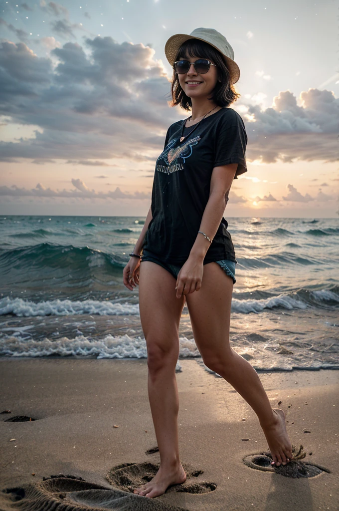 (perspective, full body), 8k, intricate details, abstract style, hyperrealistic, photorrealistic, colorful, a young woman with short black hair with bangs, wearing a beach hat with neon decorations, a black t-shirt, necklaces, sunglasses, barefoot, smiling, is walking along the beach with her hair blowing in the wind, and beside her waves crash on the shore, and in the background the sunset, the semi-starry sky above, and birds on the horizon.
