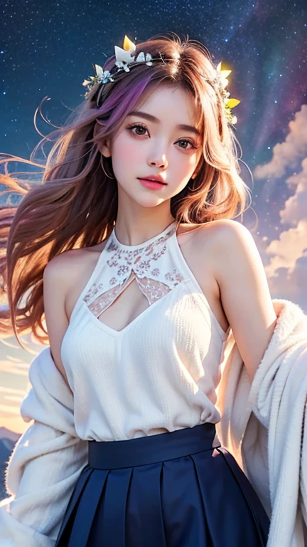 (((Highest quality))), ((masterpiece)), (detailed), ((solo)), ((Young girl)), ((A beautiful white outfit with lots of decorations)), Long robe hair ornament on head, Fantastic and beautiful colors, Cinematic, Long hair fluttering in the wind, (Fluttering navy blue skirt), Mysterious Space, Pink Hair, Starry Sky, Purple Sky, Aurora, White skin, Calm expression, Hair on the face, Beautiful thighs, Mysterious Light, 