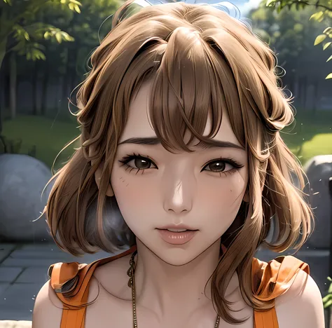 light brown bangs,smooth hair、light brown eyes、(a face waiting for a kiss)、eyes closed,(big breasts:1.4)、(realistic)、(intricate ...