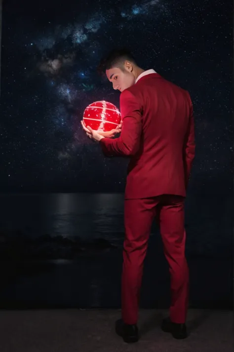 a power ranger in a red and black suit, standing and holding a glowing orb with both hands, with a posture that expresses sadnes...