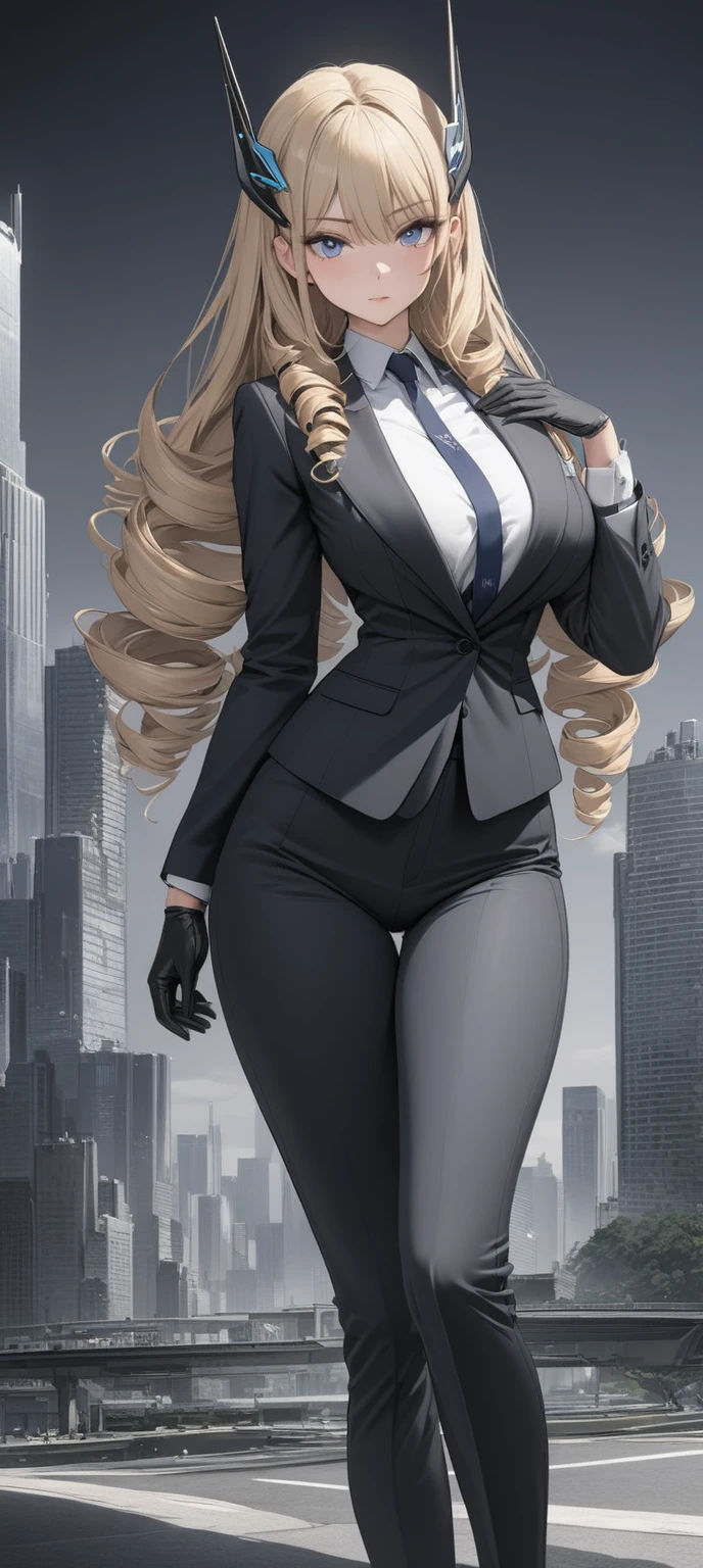 ((masterpiece)), ((high quality)),((ultra-detailed)), ((extremely detailed)),4K,8K, (character portrait), wearing blue pants suit, in business suits, navy collared shirt, a beautiful woman, very tall woman with great style, tight suit, big breasts, slender body, 1girl, solo, purple pupils, perfect hands, perfect face, perfect eyes, perfect body, perfect legs, serious, city background, ,Masterpiece, best quality, ,suit, pants, pencil drawning, color accents, color highlights, (grayscale:1.3),blonde hair, long hair, drill hair, hair ornament, headgear, blue eyes, white shirt, gloves, armored pumps, back view, ((full body))