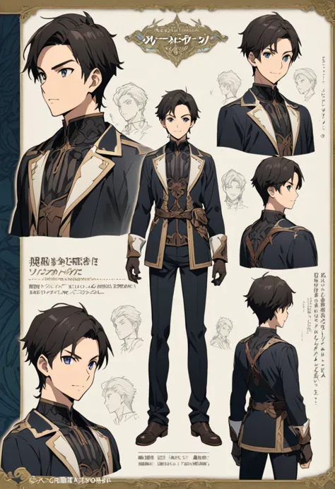 One young man with front, side and back views、Fantasy、A character model sheet depicting the same character from three angles