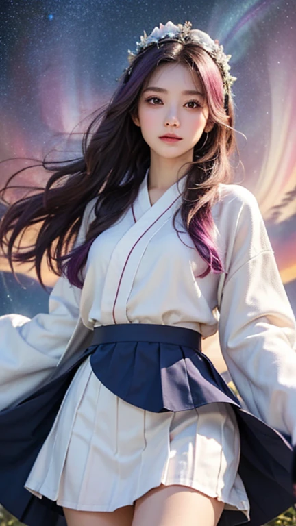 (((Highest quality))), ((masterpiece)), (detailed), ((solo)), ((Young girl)), ((A beautiful white outfit with lots of decorations)), Long robe hair ornament on head, Fantastic and beautiful colors, Cinematic, Long hair fluttering in the wind, (Fluttering navy blue skirt), Mysterious Space, Pink Hair, Starry Sky, Purple Sky, Aurora, White skin, Calm expression, Hair on the face, Beautiful thighs, Mysterious Light, Close-up, 